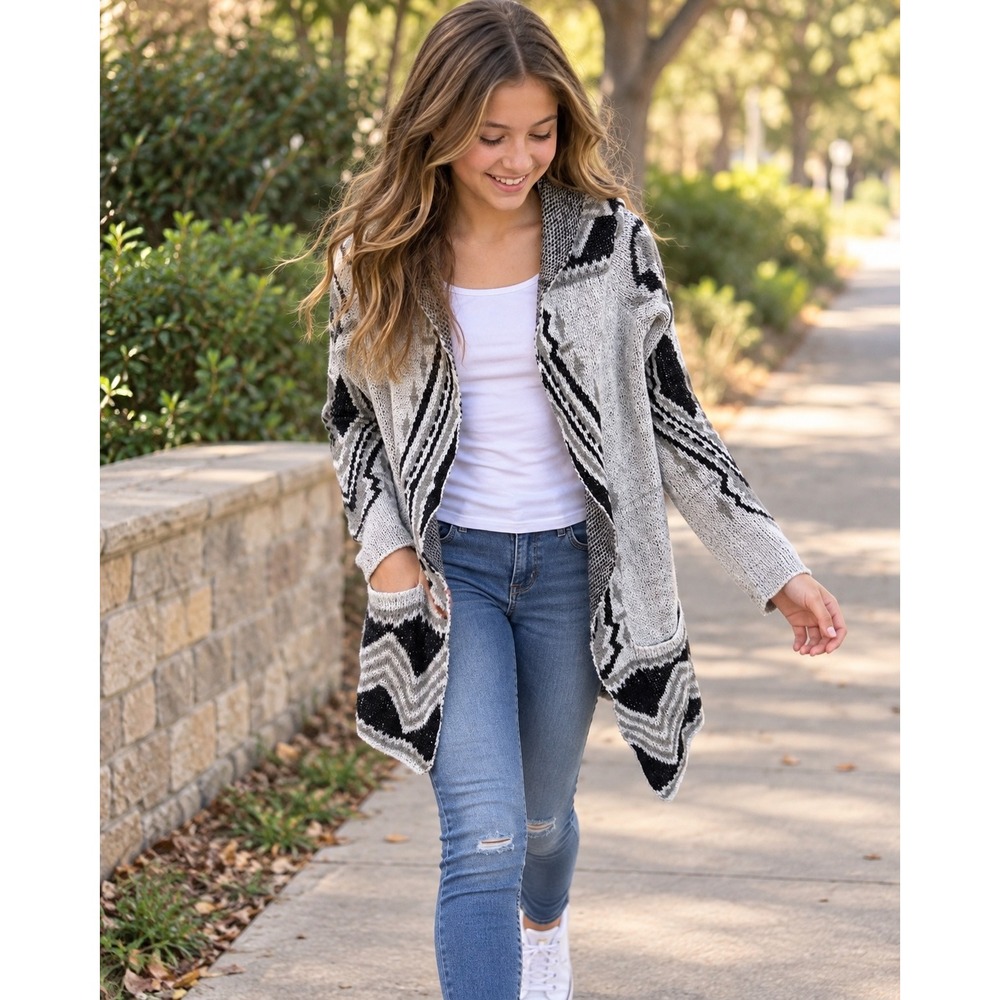 Tucker + Tate Kids XL 14/16 Hooded Open Front Tribal Geometric Cardigan Sweater